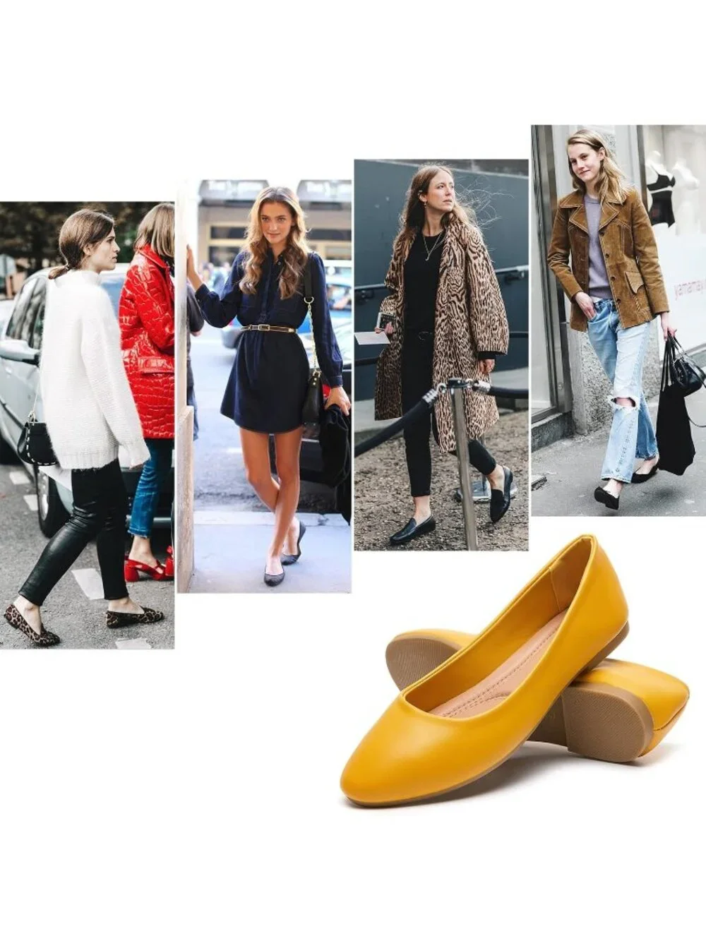 Women's Yellow PU Leather Closed Toe Comfortable Flexible Slip On Ballet Flats